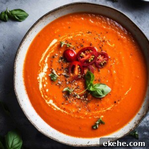 Roasted tomato soup with a drizzle of fresh cream.