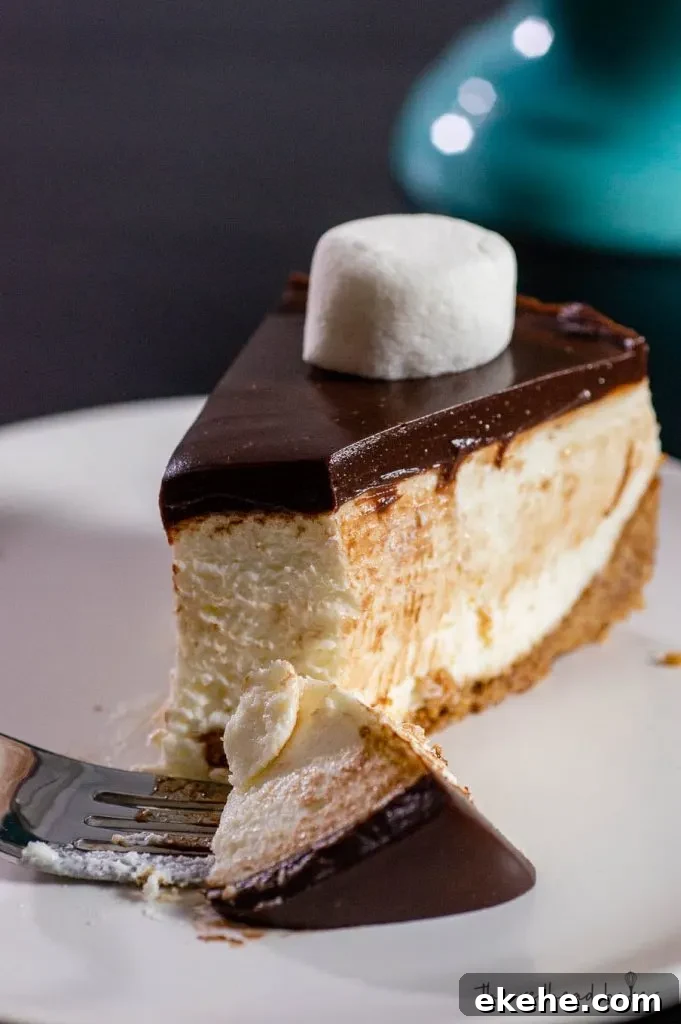A slice of smores cheesecake on a plate with a fork