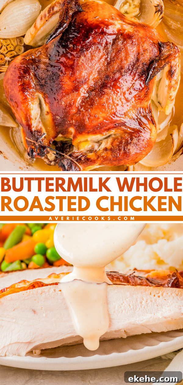 A whole roasted chicken in a pan with onions above a plate of sliced chicken breast topped with creamy sauce, vegetables, and mashed potatoes.