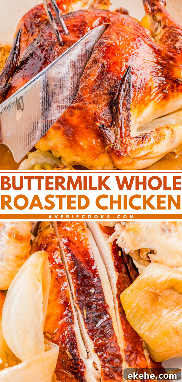 A buttermilk whole roasted chicken being sliced with a knife, served with roasted onions on the side.