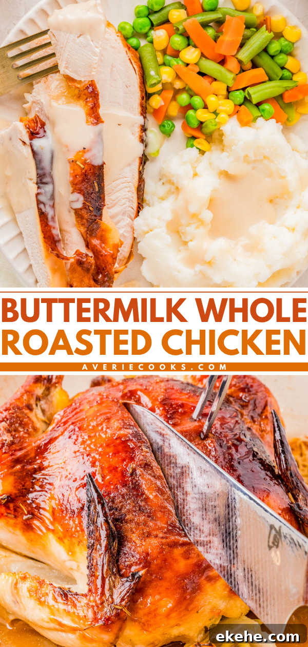 Sliced roasted chicken breast with gravy, mashed potatoes, and mixed vegetables on a plate; a whole roasted chicken being carved with a knife.