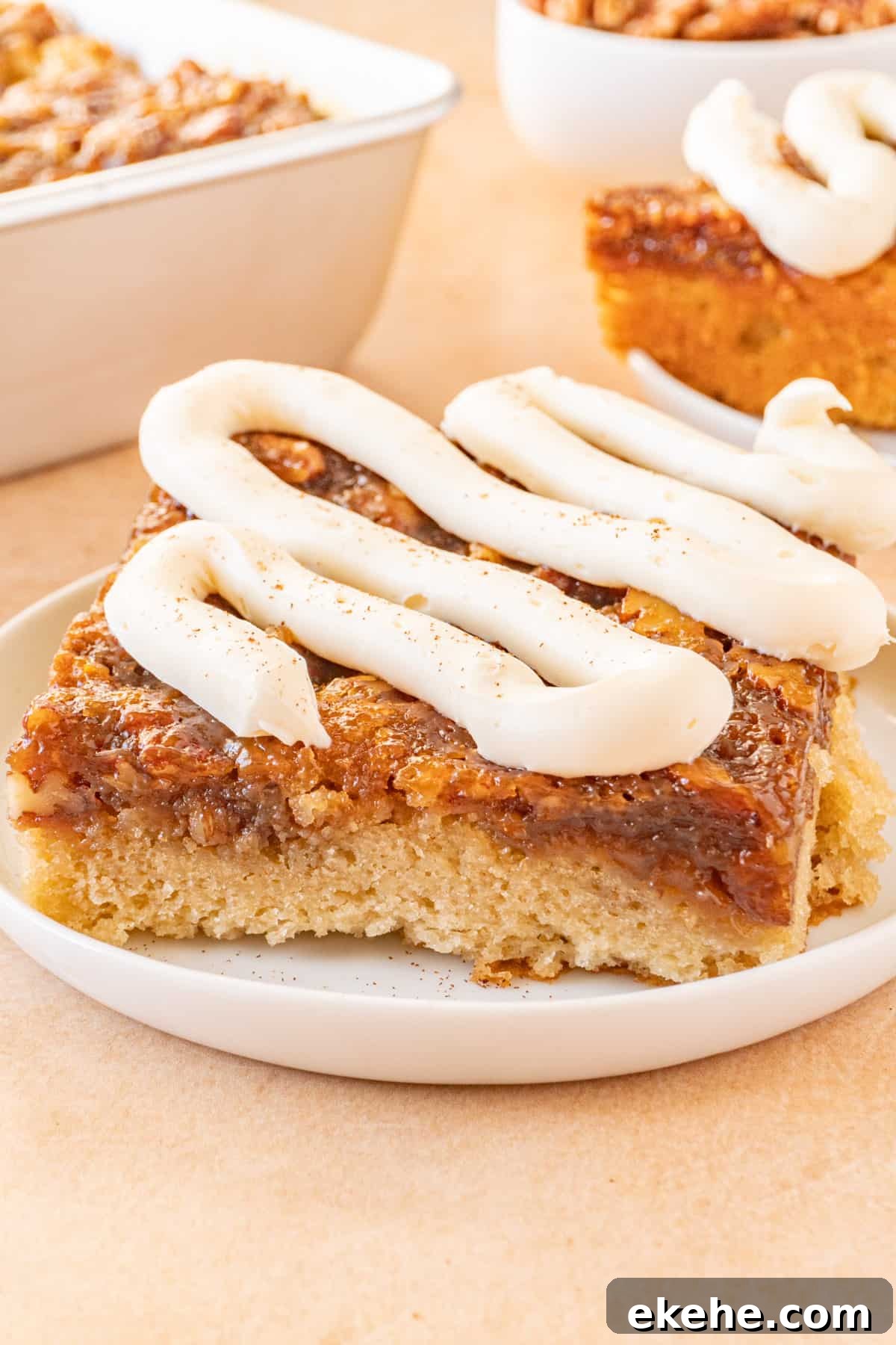 pecan pie cake on white plate