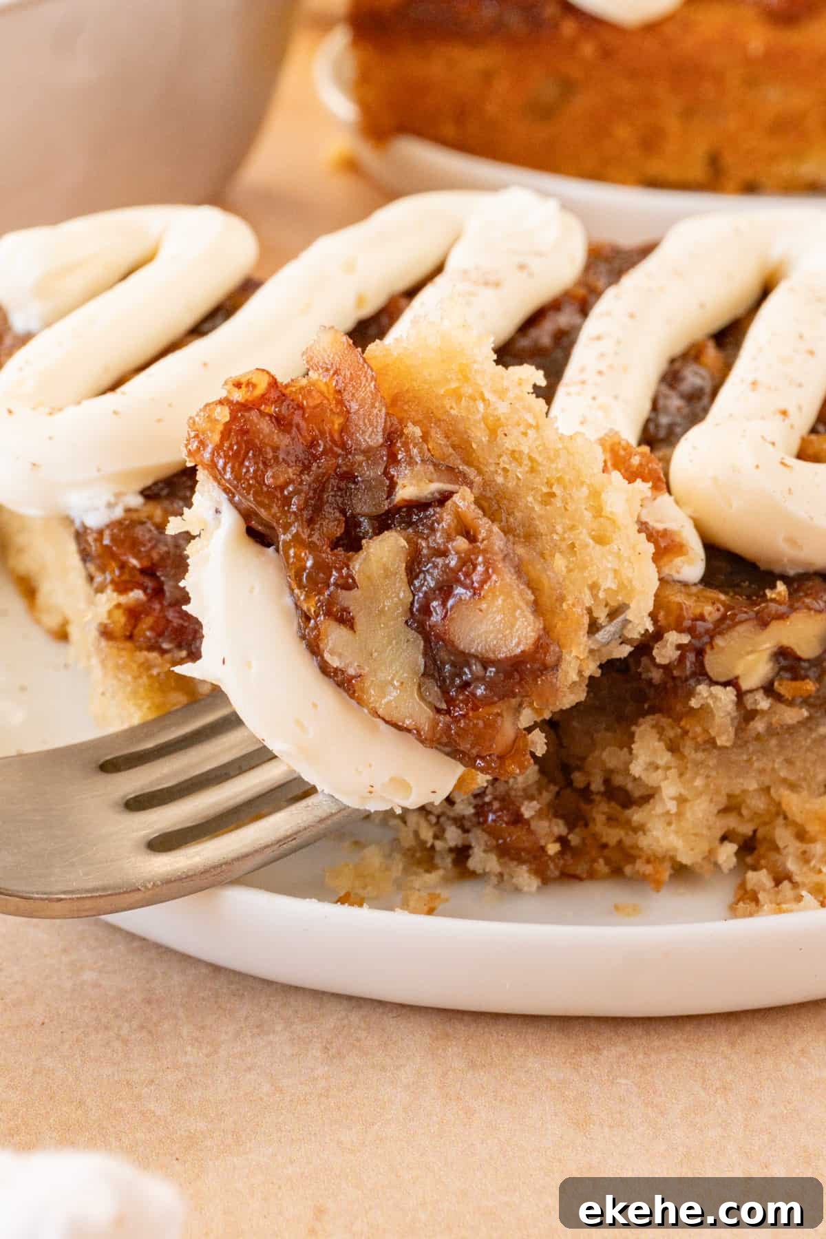 pecan pie cake piece on fork