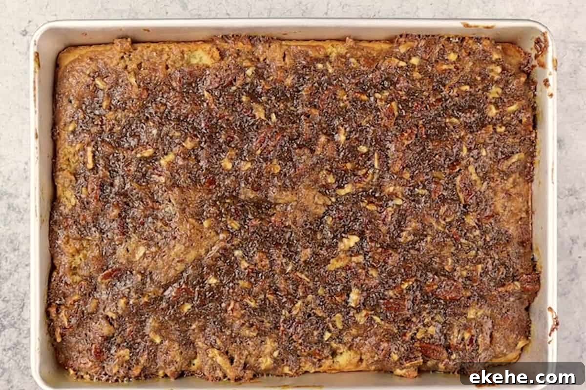 pecan pie cake after baking in a cake pan.