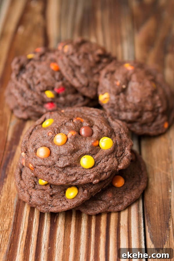 I can't eat these fast enough! Chocolate Reese's Pieces Cookies ohsweetbasil.com