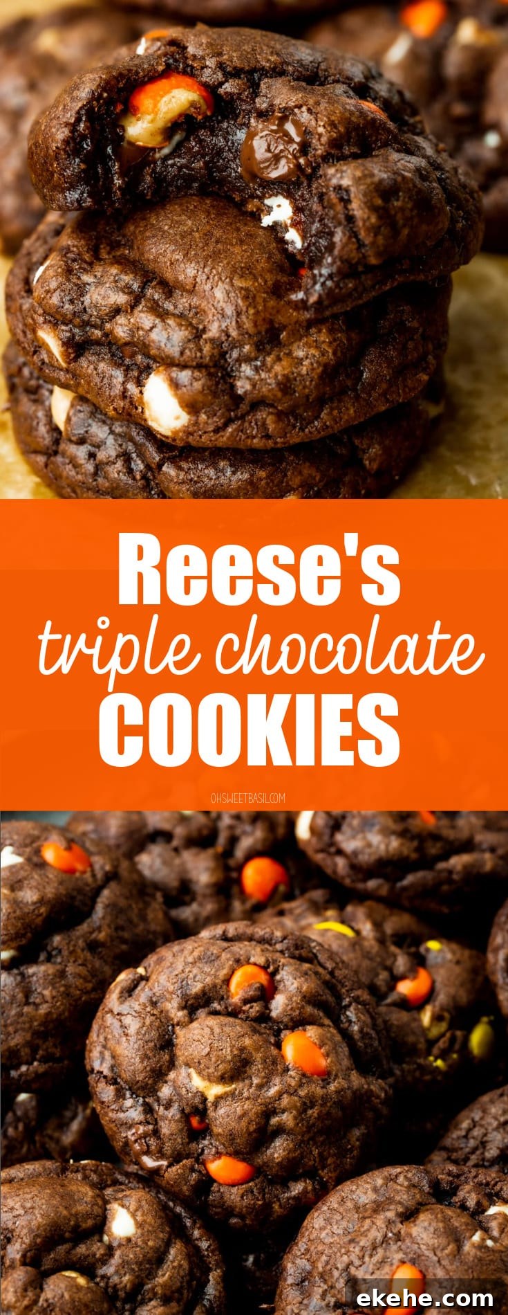 a photo of three triple chocolate Reese's cookies stacked on each other with a bite taken out of the top cookie