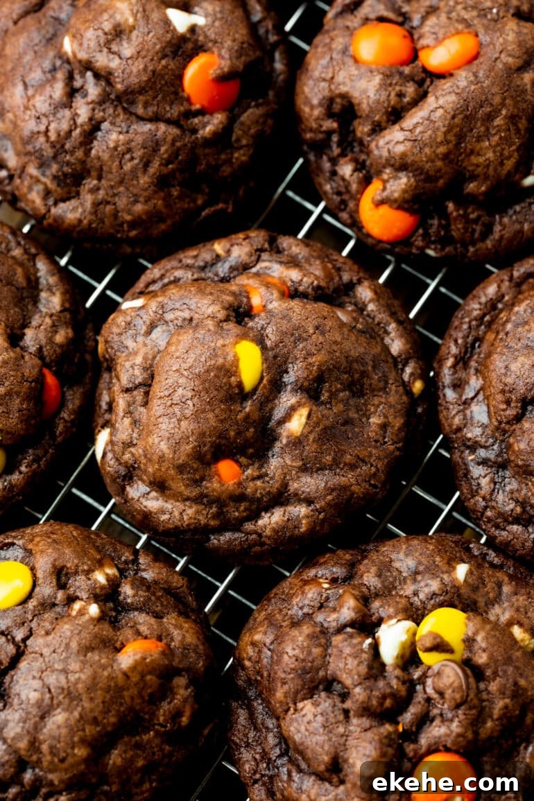 a photo of several thick and chewy Reese's Pieces sitting on a wire cooling rack