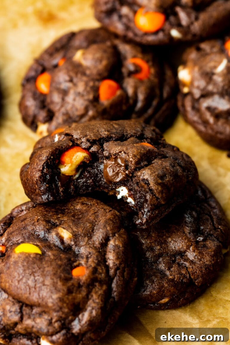 a photo of a thick and chewy chocolate cookie with a bite taken out of it sitting on two other cookies