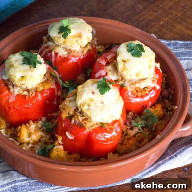 A baking dish of stuffed peppers topped with cornbread and melted cheese.