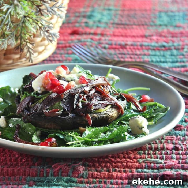 Portabella mushroom stuffed with onions, gorgonzola and pomegranate arils.