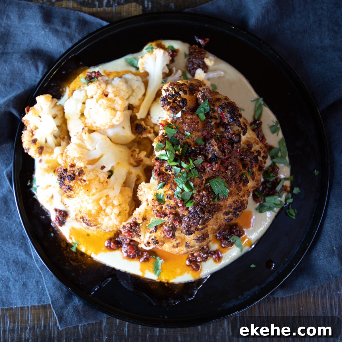 Whole roasted cauliflower, with tahini sauce and smokey paprika dressing.