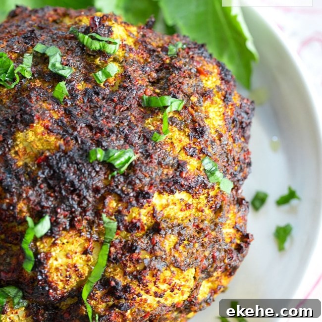 Whole roasted cauliflower covered in a red pepper pesto.