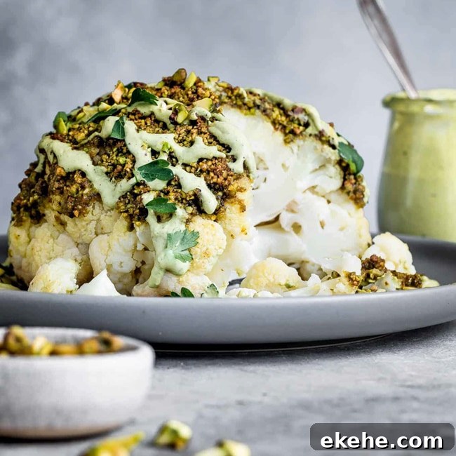 Whole cauliflower with pistachio pesto and pistachio sauce.