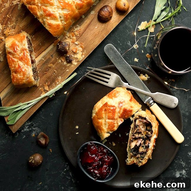 Sliced Mushroom Wellington on a plate and cutting board with some cranberry sauce.