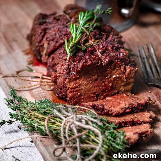 Sliced seitan roast with fresh rosemary and thyme.