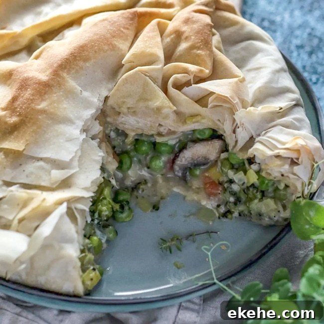 A vegetarian pot pie wrapped in folds of phyllo dough.