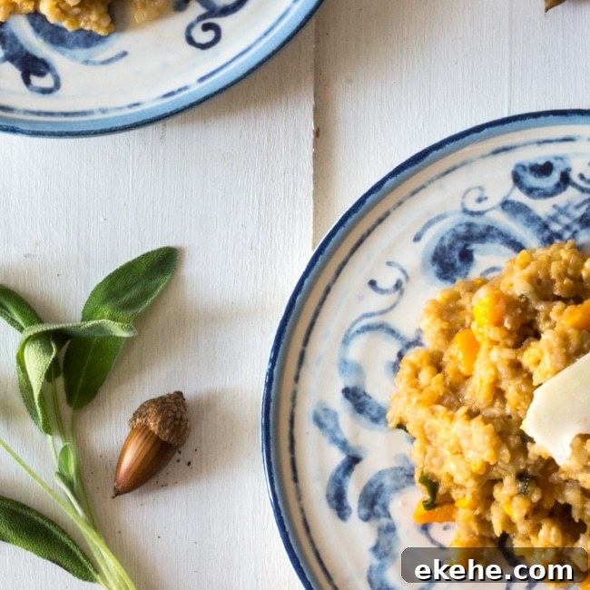 Butternut squash risotto with sage and pears, topped with Parmesan cheese.