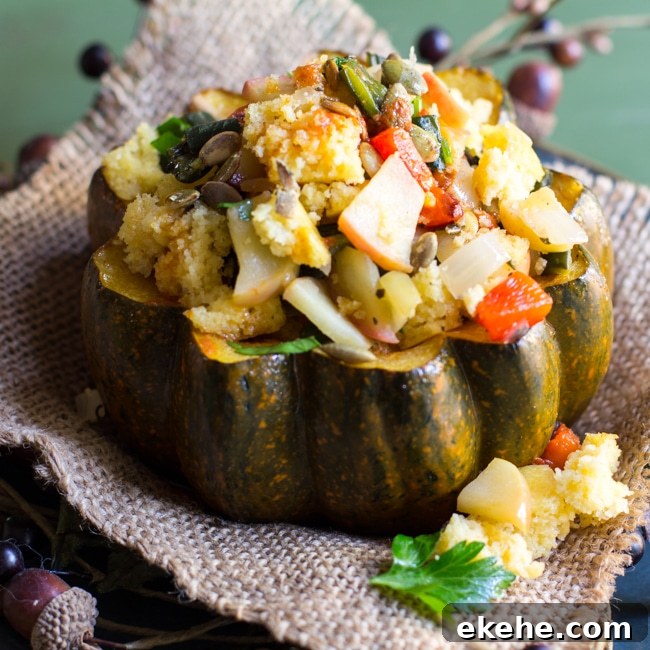 Hollowed out acorn squash stuffed with cornbread, roasted poblano peppers, red peppers and apples.