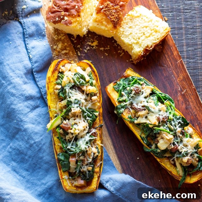 Roasted Delicata squash halves, stuffed with quinoa and dried fruit stuffing.