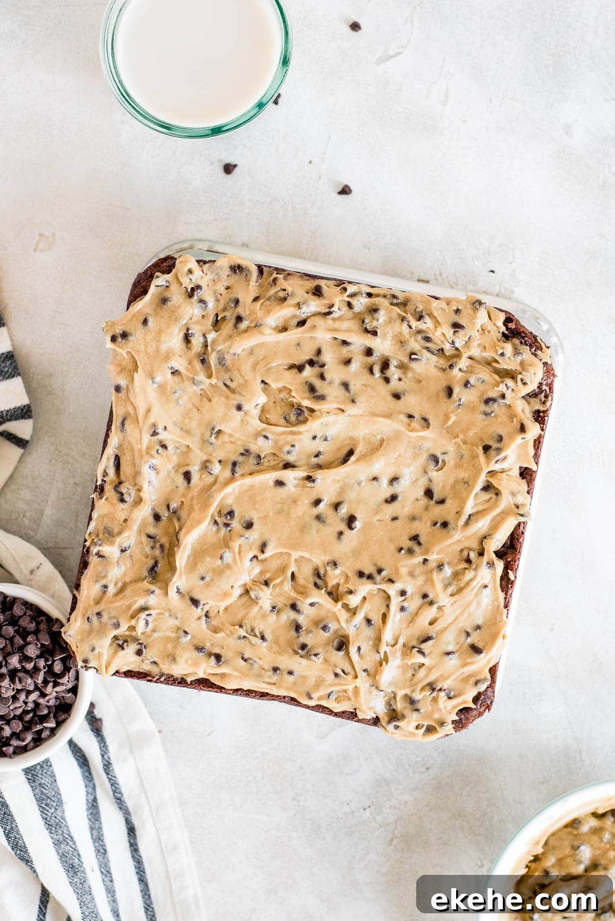 overhead of cookie dough brownies on baking pan