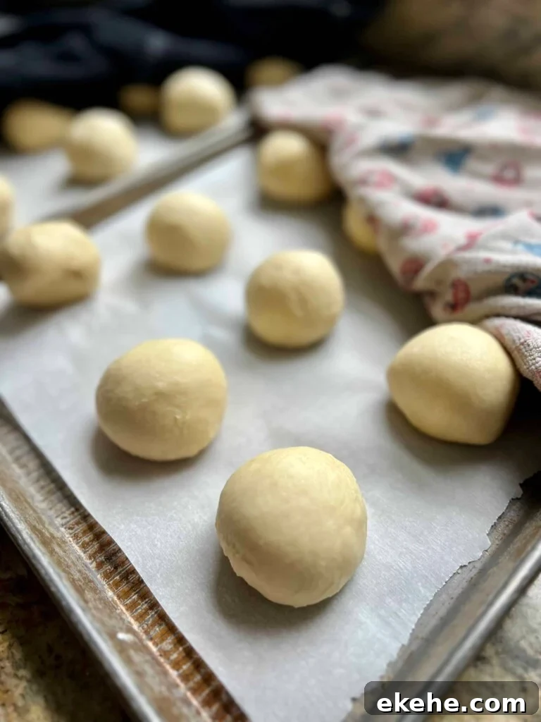 Shaped sourdough kolache dough balls proofing on a parchment-lined sheet pan.