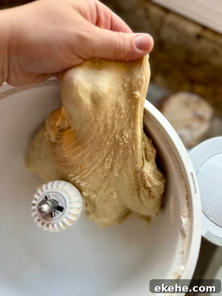 Stretchy enriched kolache dough being lifted from a mixer bowl.