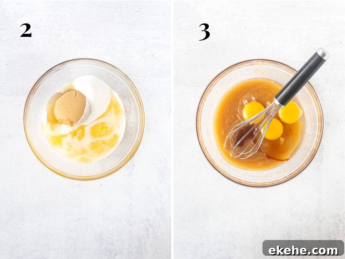 Bowl of melted butter sugars, and corn syrup, and bowl of ingredients whisked together with eggs and vanilla