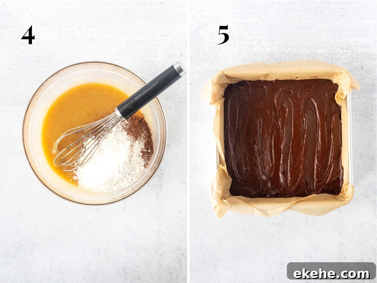 Bowl of wet ingredients with dry ingredients added, and lined pan of brownie batter
