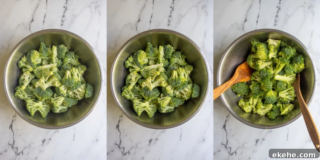 Collage showing broccoli being prepped for the sir fryer by adding oil and salt and tossing well.