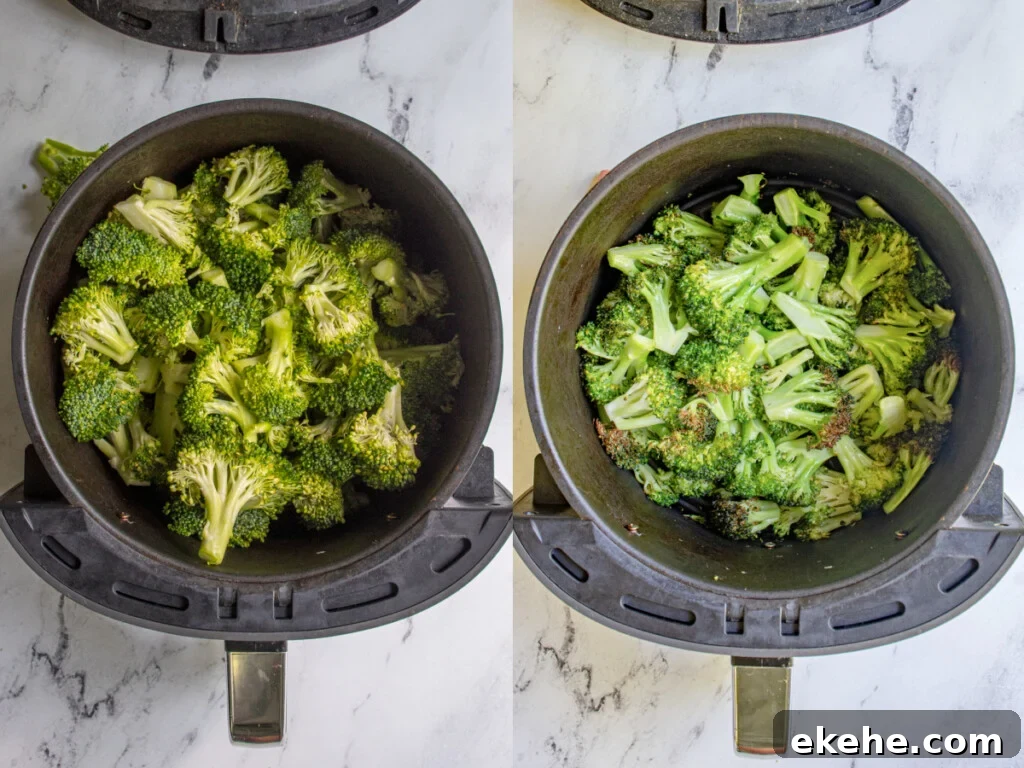 Collage showing the side by side of before and after cooking broccoli in the air fryer.