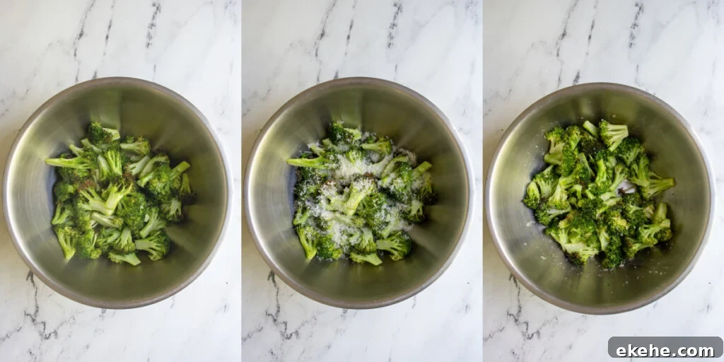 Collage showing the cooked broccoli in a bowl, parmesan getting added, and parmesan tossed with the broccoli.