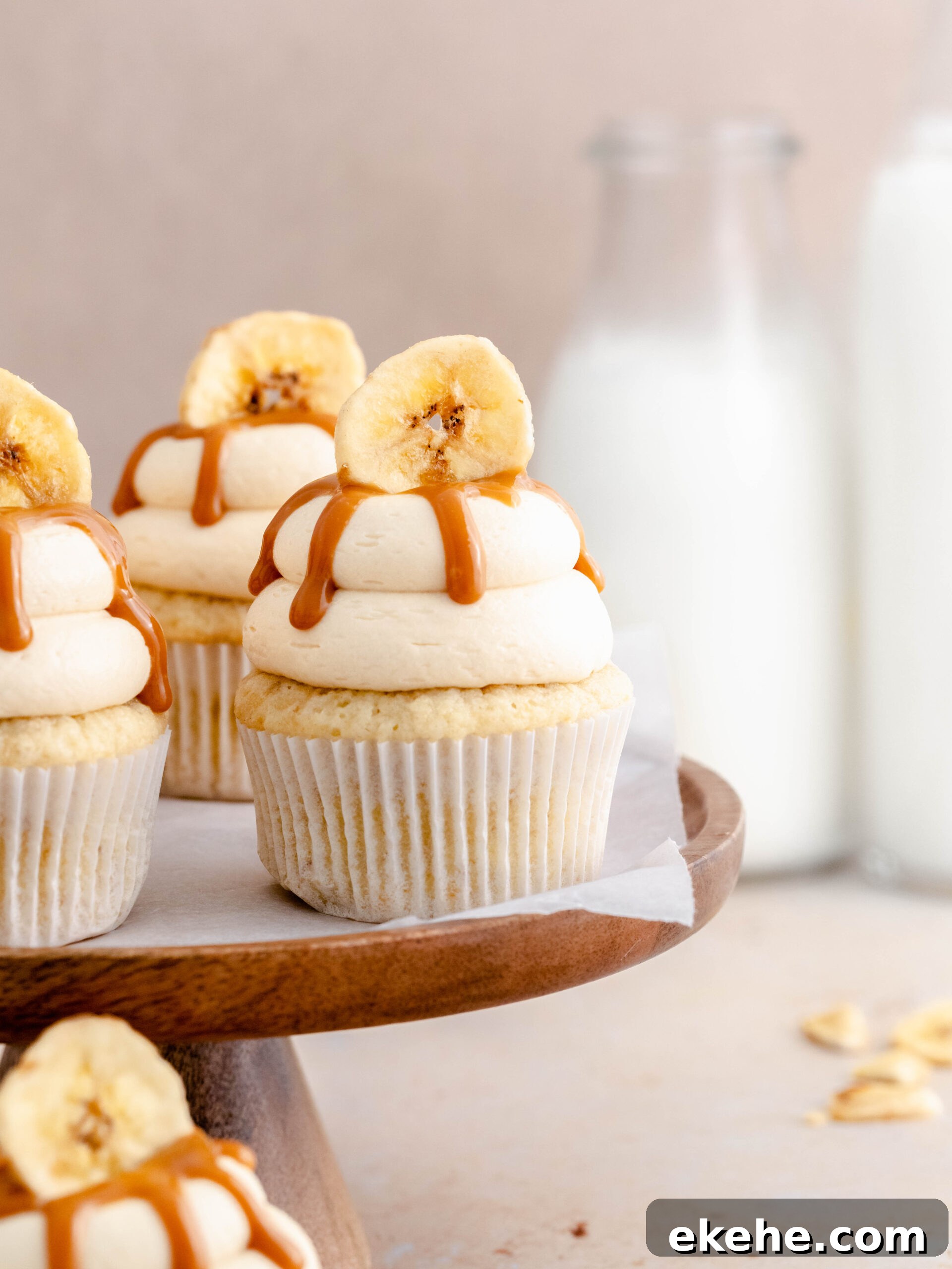 Banoffee cupcakes on a stand.