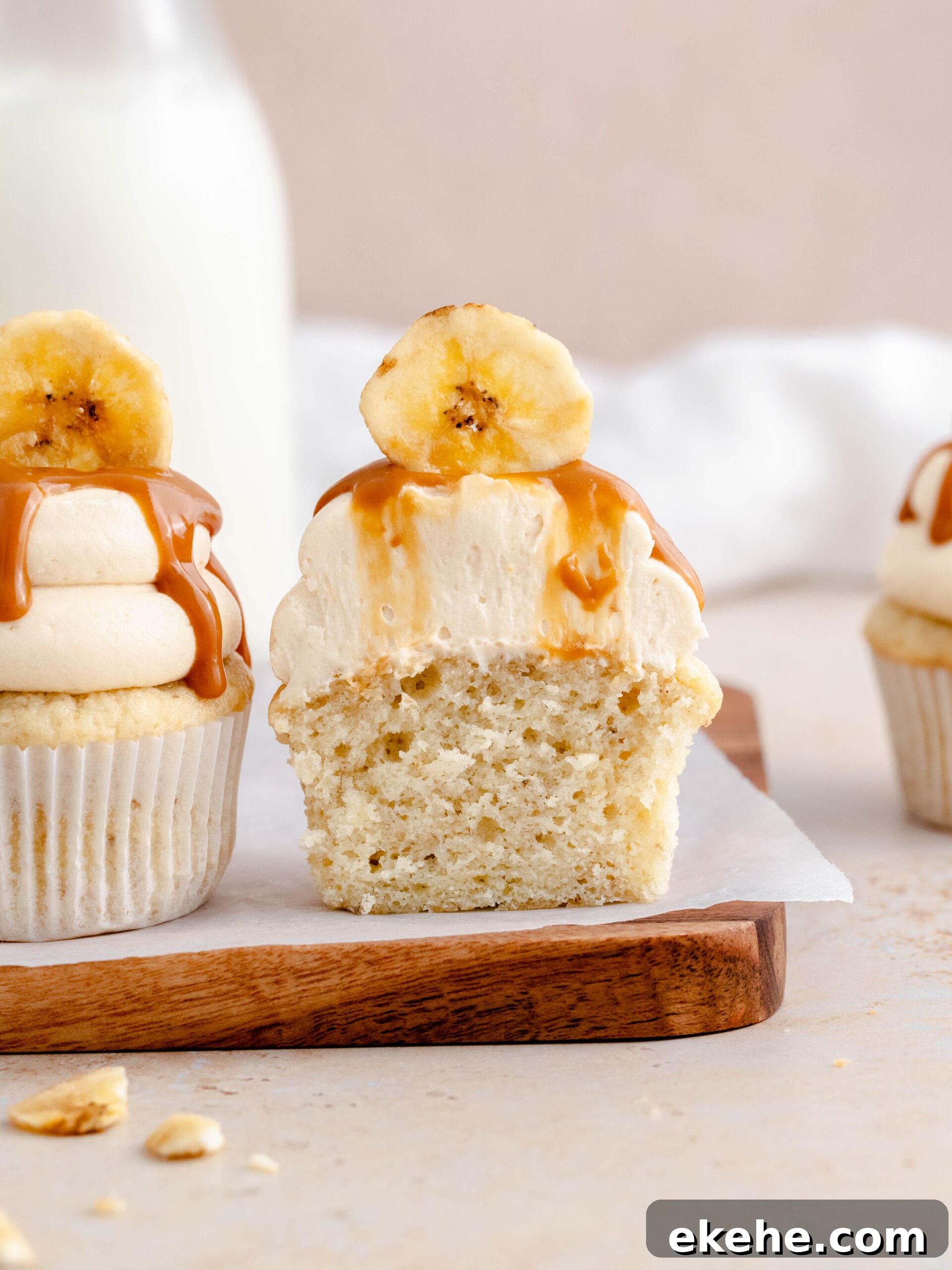 Banoffee cupcake cut in half.