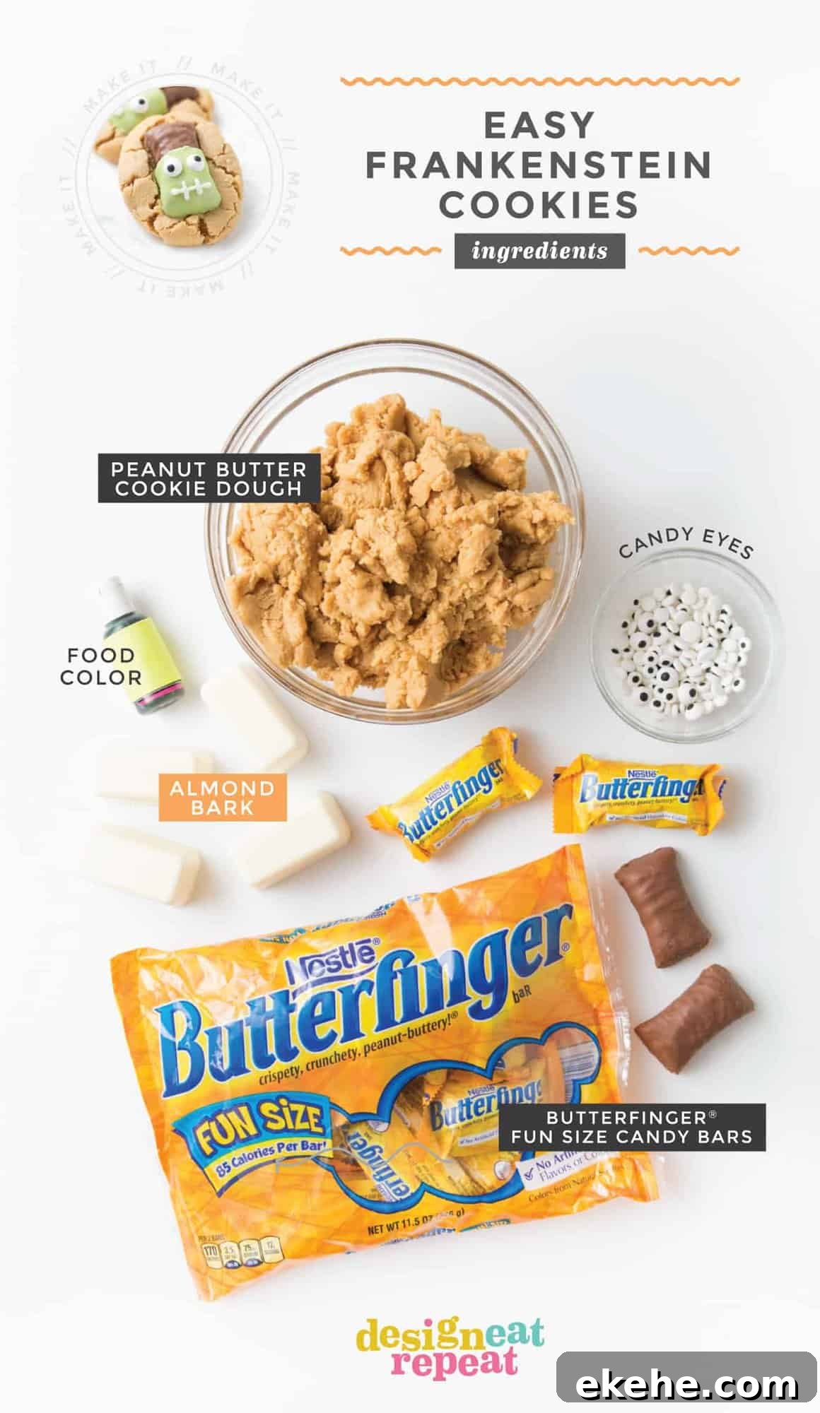 Ingredients for Peanut Butter Frankenstein Cookies. Bag of Butterfinger candy bars, almond bark, green food coloring, peanut butter cookie dough, and candy eyeballs.