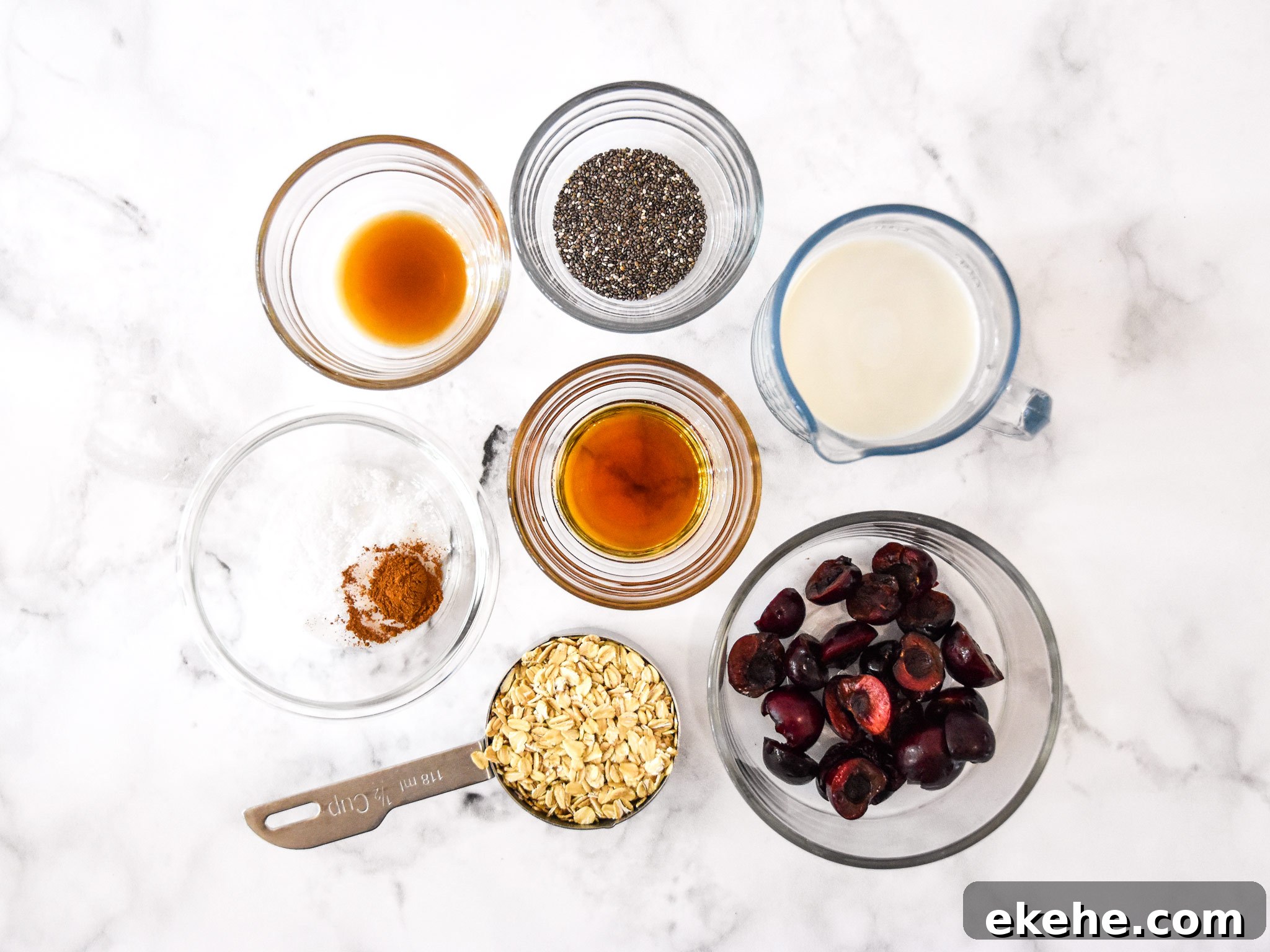 ingredients in bowls for the cherry vanilla overnight oats.