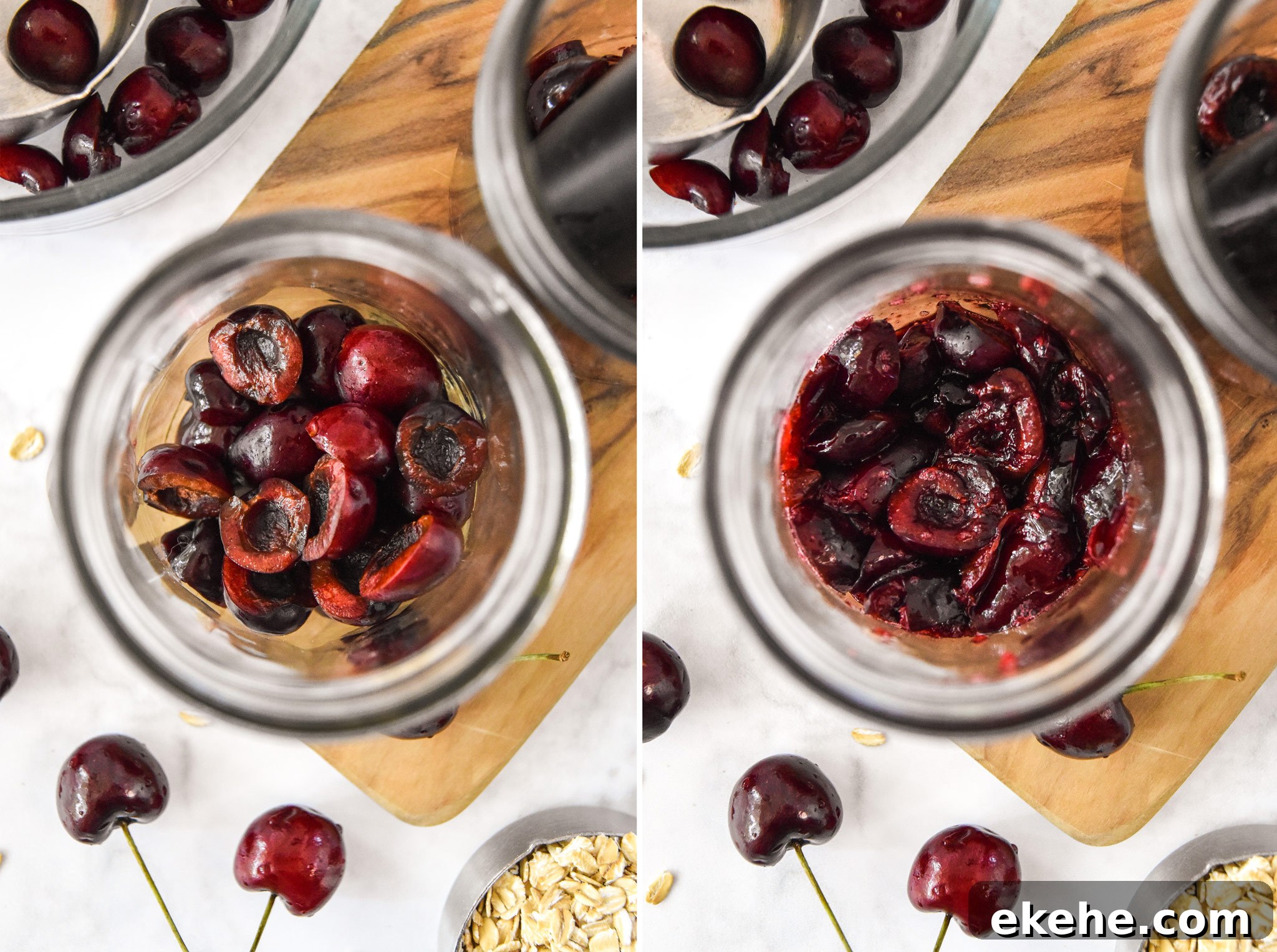 before and after muddling the cherries for the overnight oats.