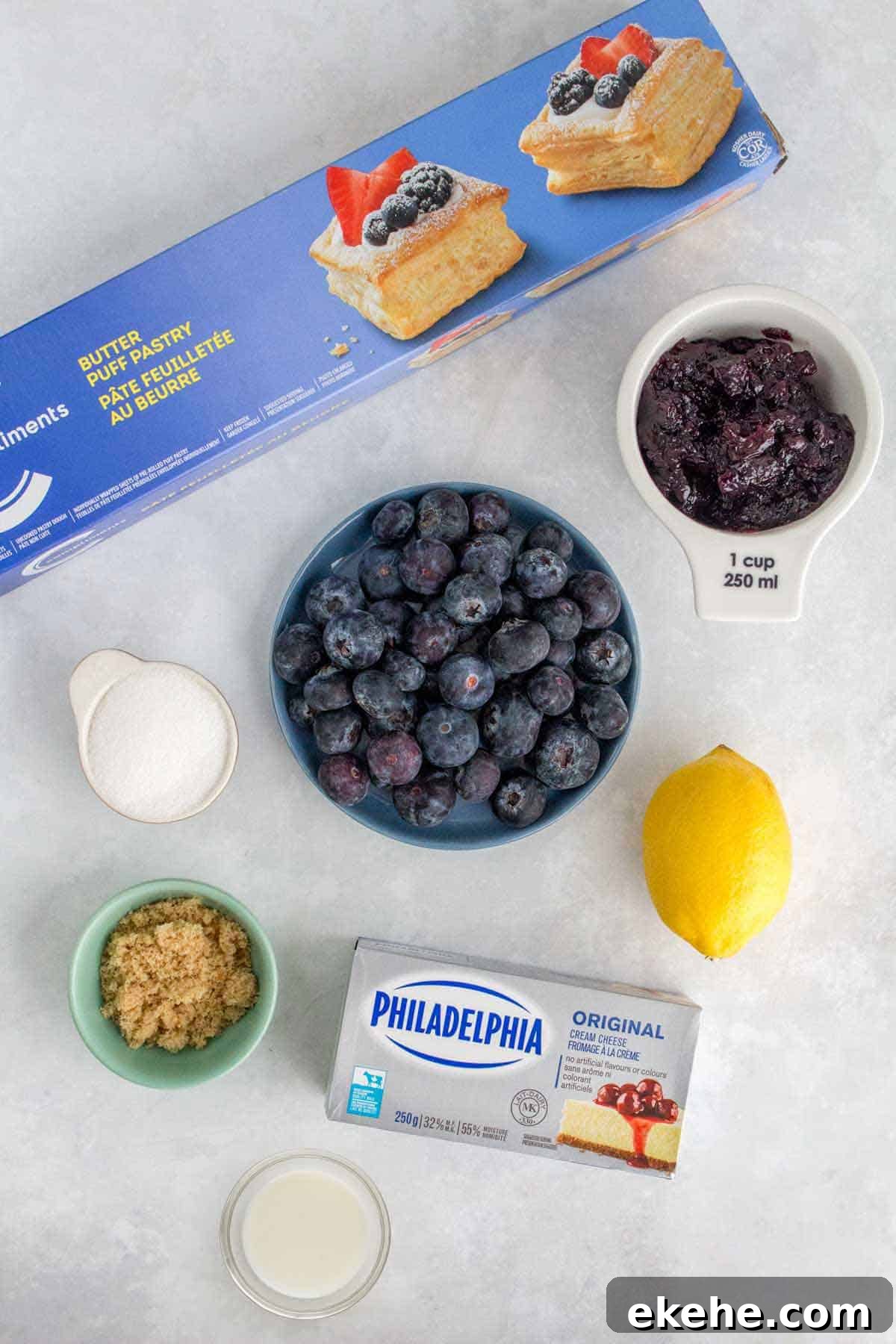 Ingredients needed to make blueberry danishes.