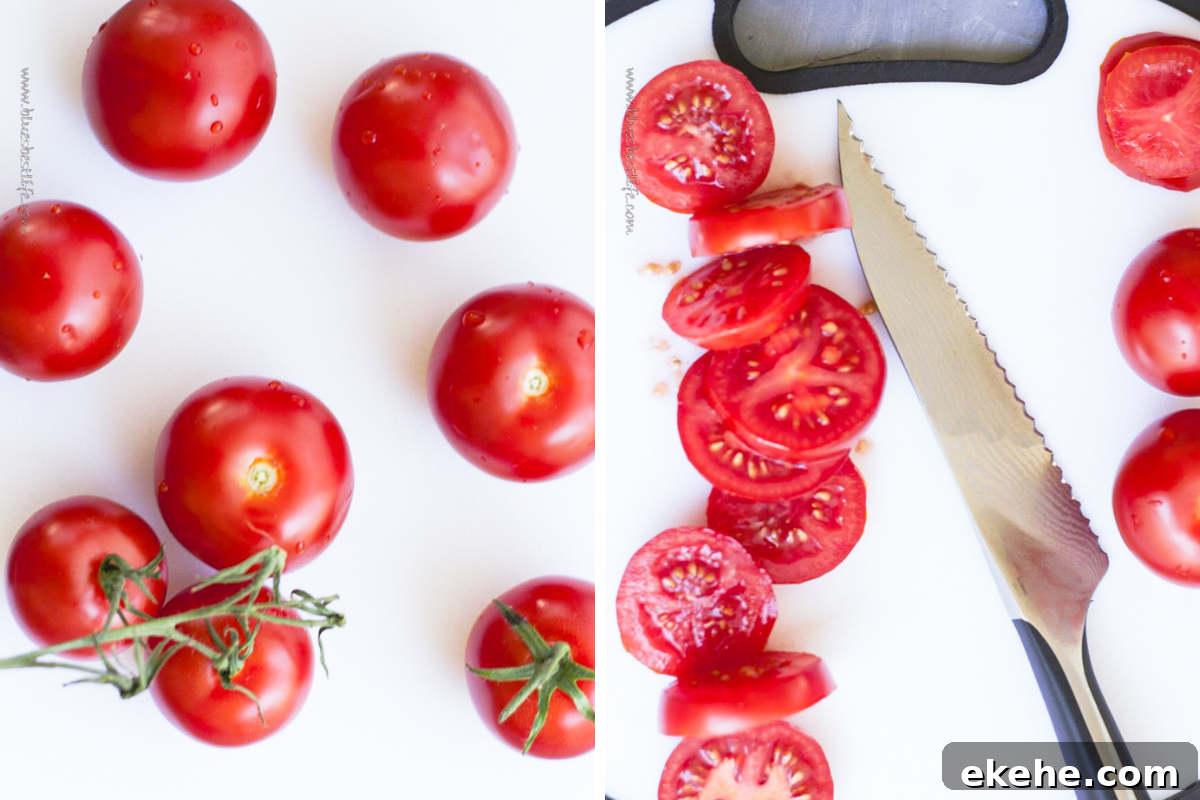 Collage photo. Left: Tomatoes. Right:  Sliced tomatoes on a white chopping board with a serrated knife. 