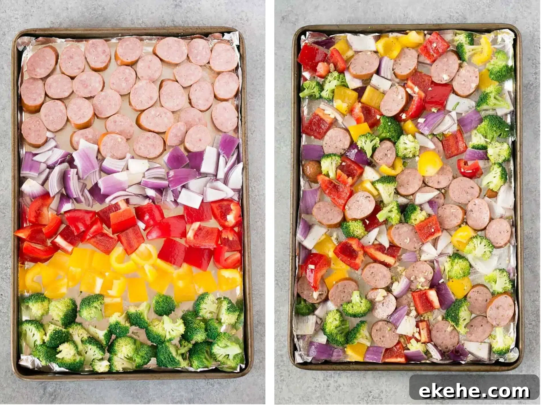 sausage and vegetables on a sheet pan - process shots