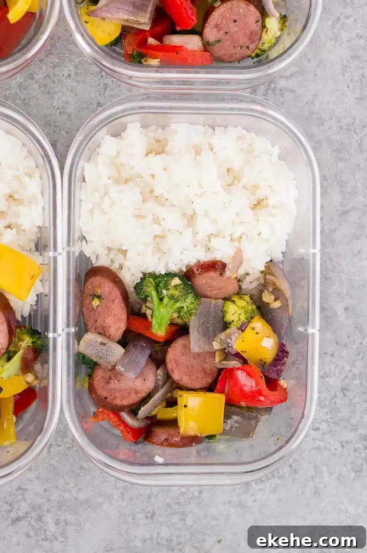 Roasted Vegetables and Sausage with Rice Meal Prep Bowl