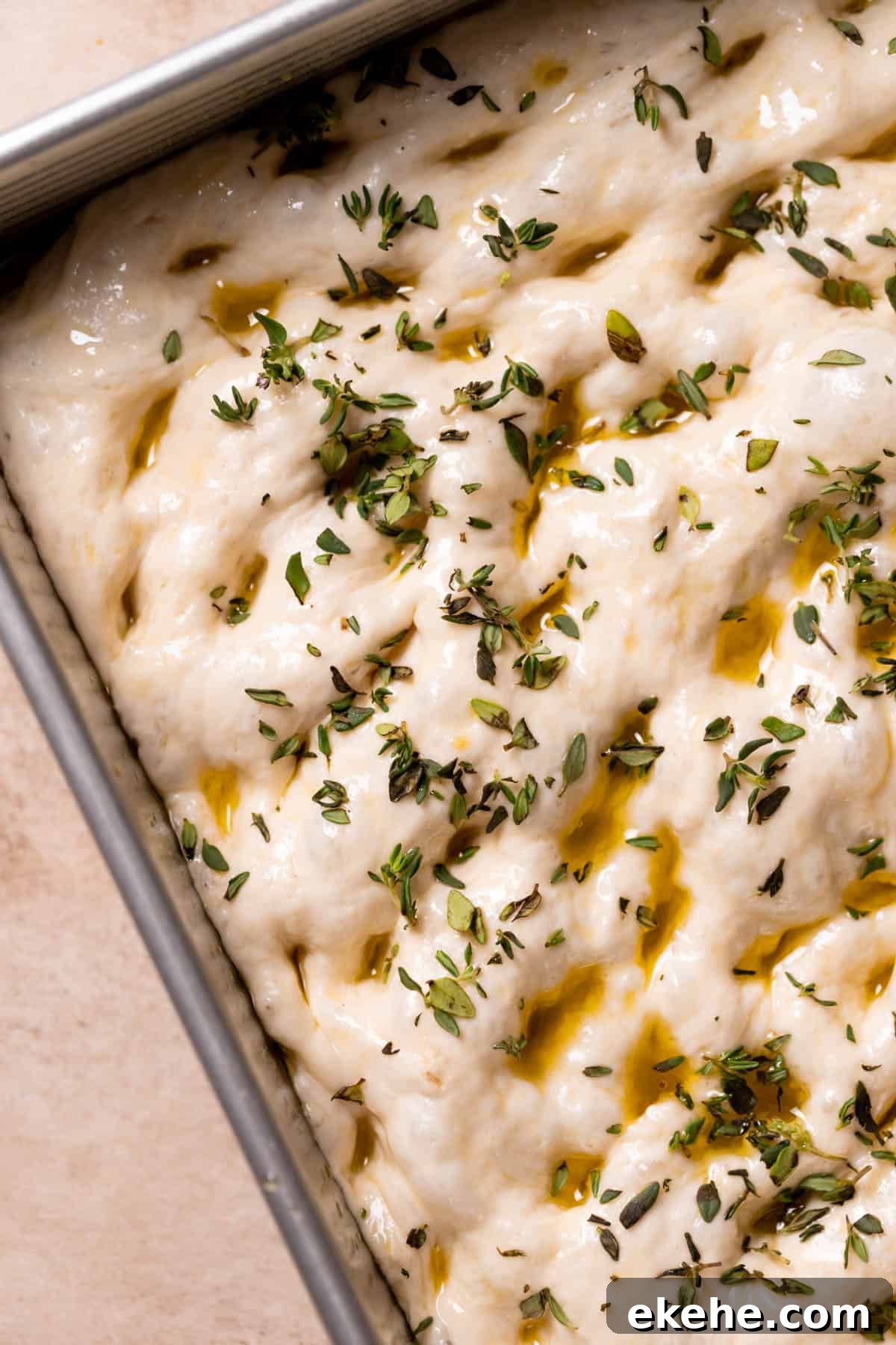 focaccia after dimpling topped with garlic oil and fresh thyme.