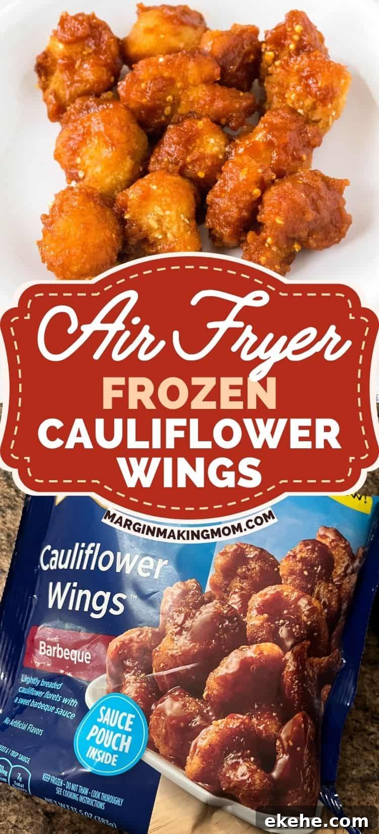 two photos; one shows a package of Birdseye frozen cauliflower wings, and the other shows cauliflower wings cooked in the air fryer served on a white plate