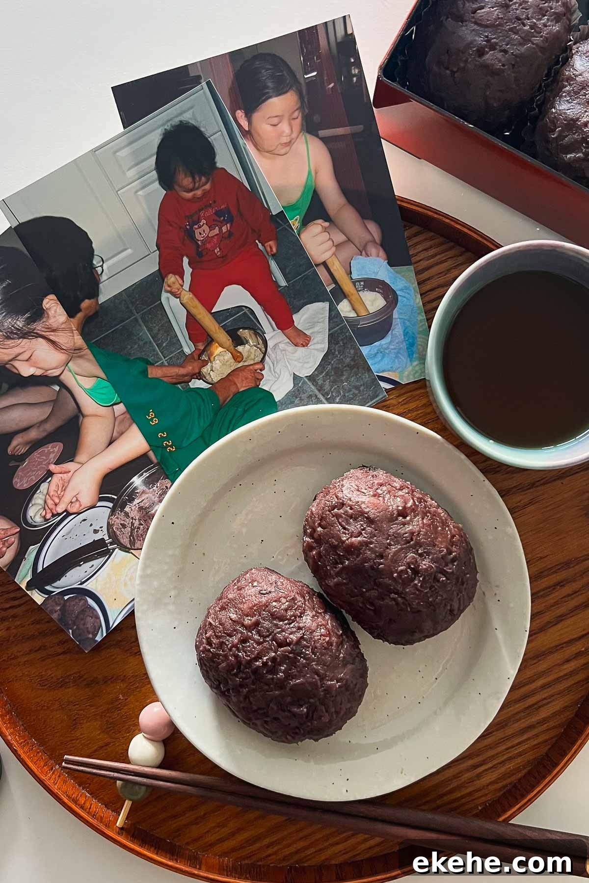 ohagi on a white plate and tray