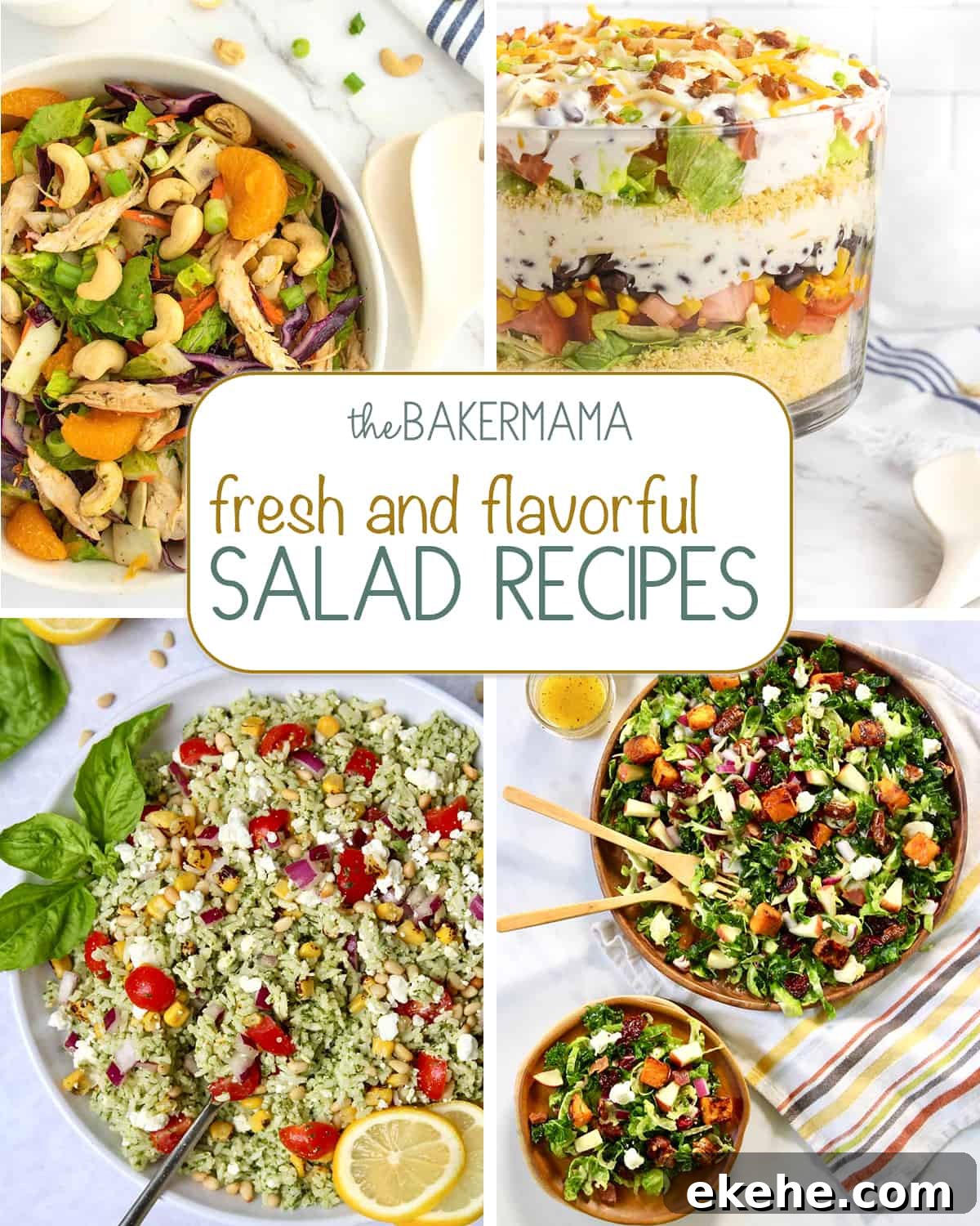 Citrus caesar, layered taco salad, pesto rice salad, and kale salad.