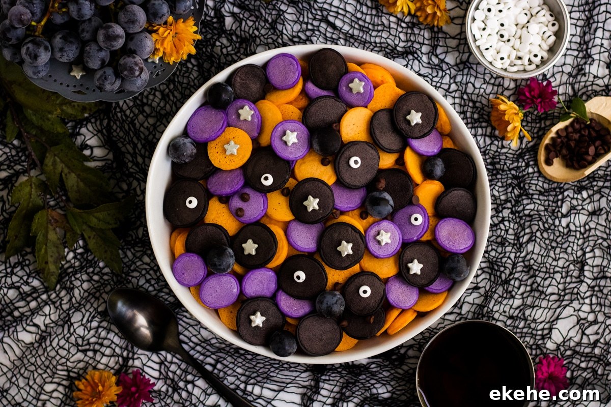 A bowl full of black, orange and purple mini pancake cereal.
