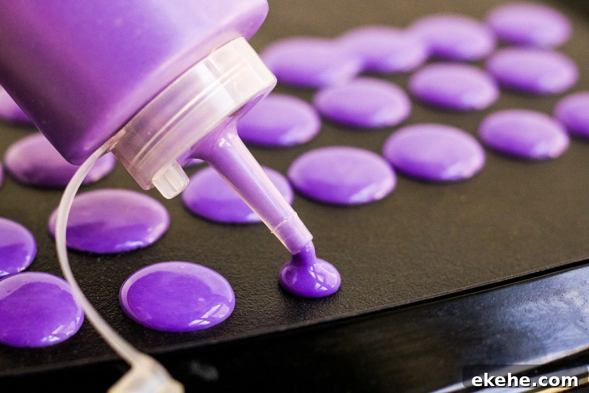 Purple pancake batter being squeezed onto a griddle to make Halloween pancakes.