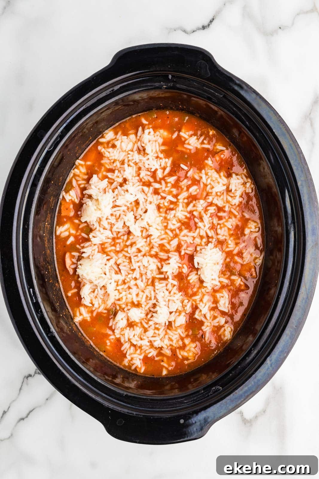 black slow cooker with rice added to all ingredients