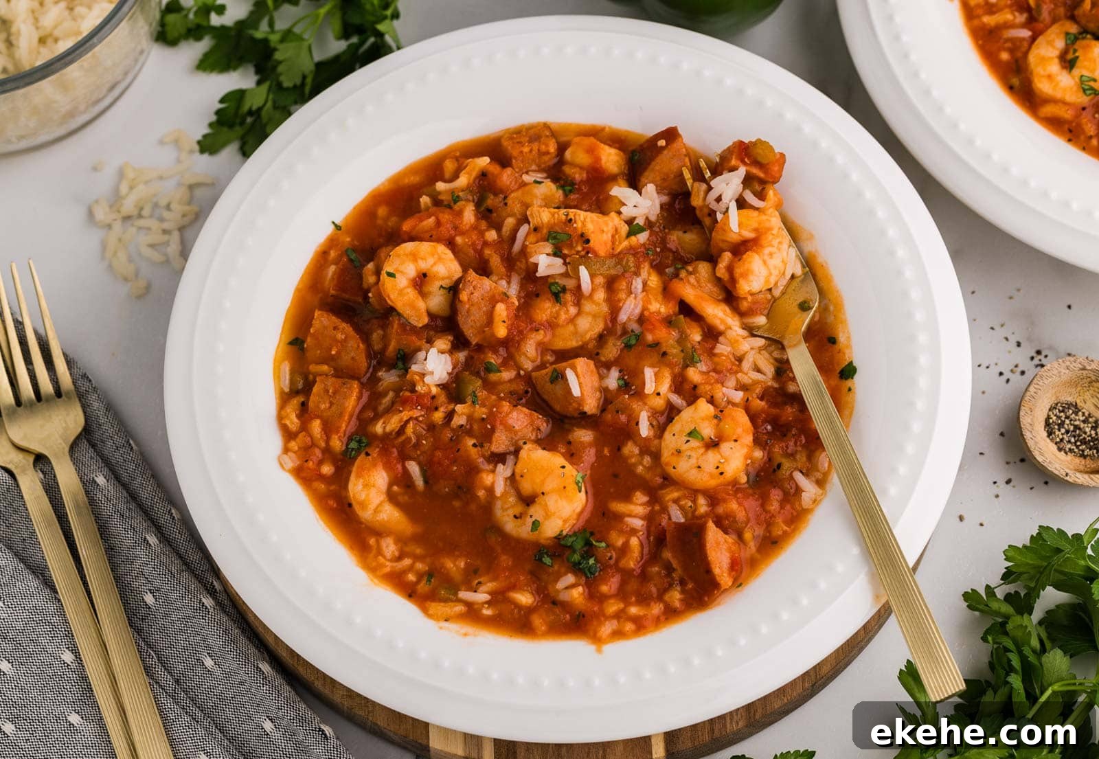 closeup overhead view of white dinner bowl of jambalaya with fork inserted surrounded by 2 forks, another dinner bowl of jambalaya, parsley, bowl of pepper, and bowl of cooked rice