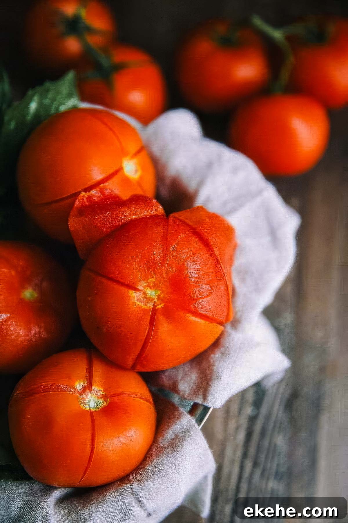 a basket of scored and peeled fresh tomatoes
