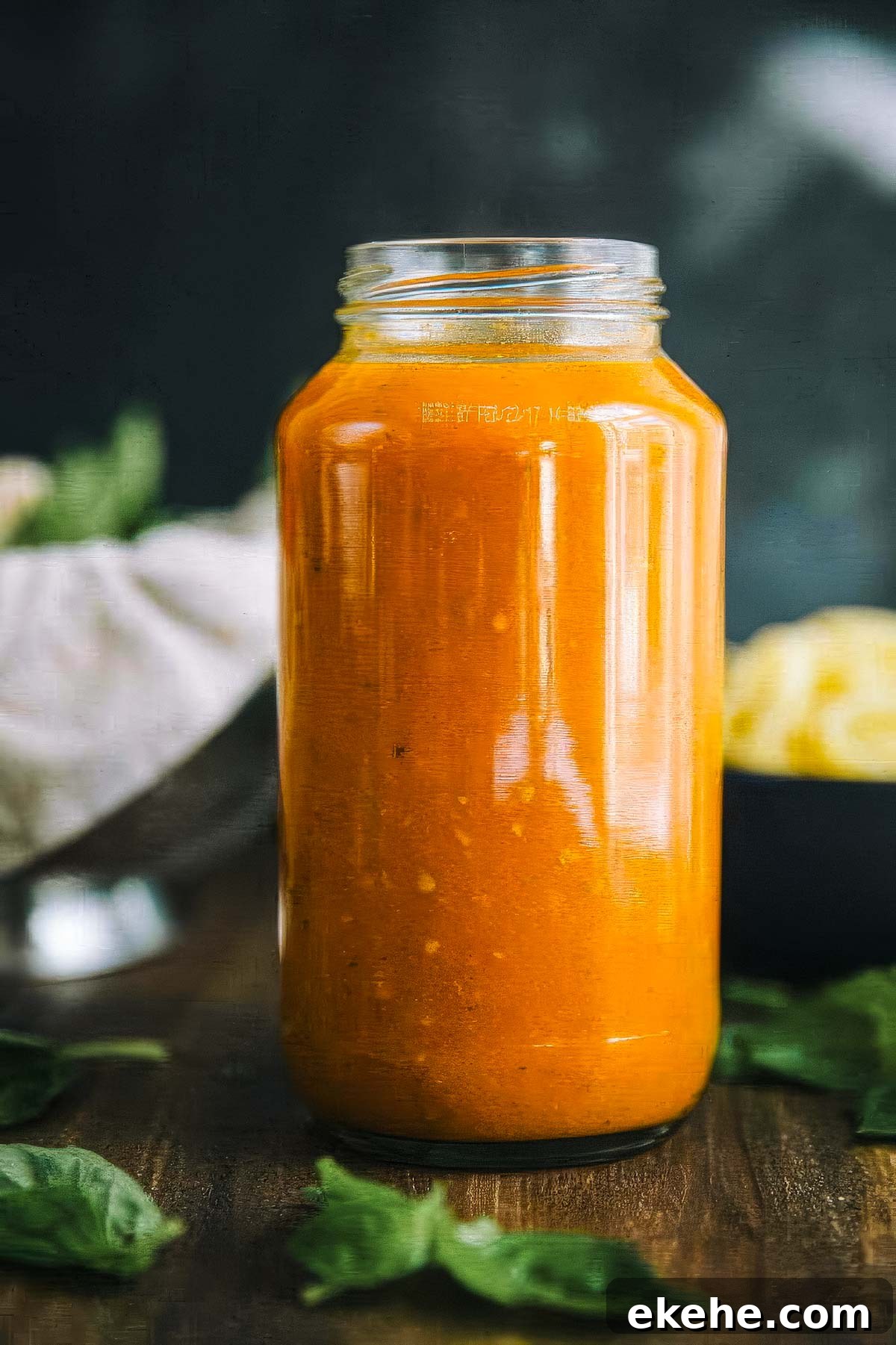 a jar of authentic italian marinara sauce with bowls of cooked pasta and fresh basil in the background